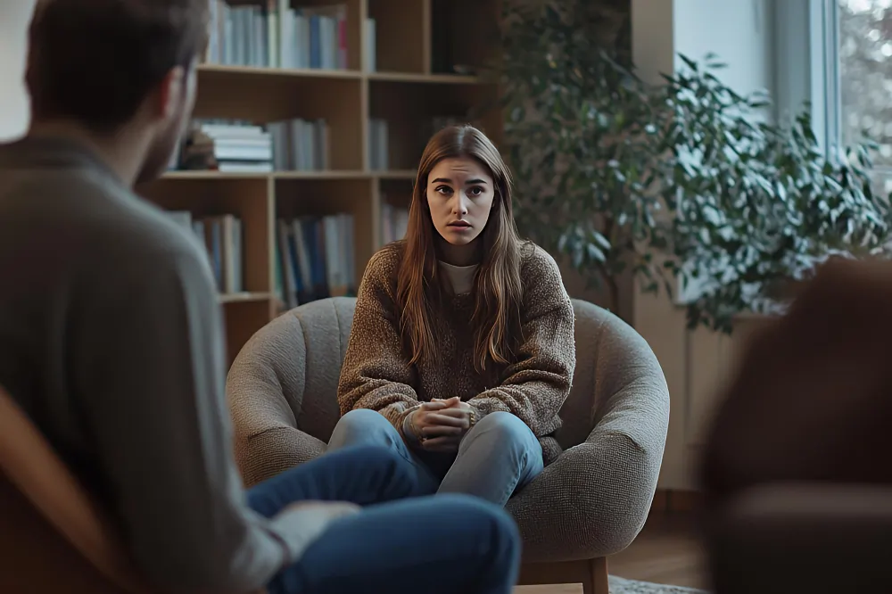 Young woman sitting in a comfortable chair during an anxiety therapy session with a therapist in a calm, modern office