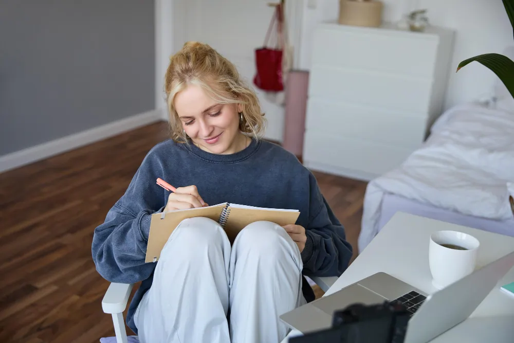 A young woman writing in her diary card as part of Dialectical Behaviour Therapy (DBT) home practice.