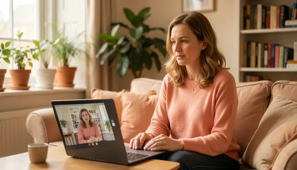 Woman in her thirties on a sofa at home talking to her therapist by video call during an online therapy session for bipolar disorder